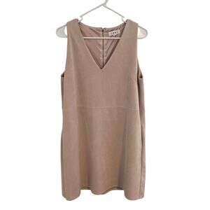 THML Faux Suede Shift Dress Womens Size Large Beige V Neck Sleeveless Dress